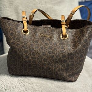 Calvin Klein Dark Brown Logo Tote with Tan Handles